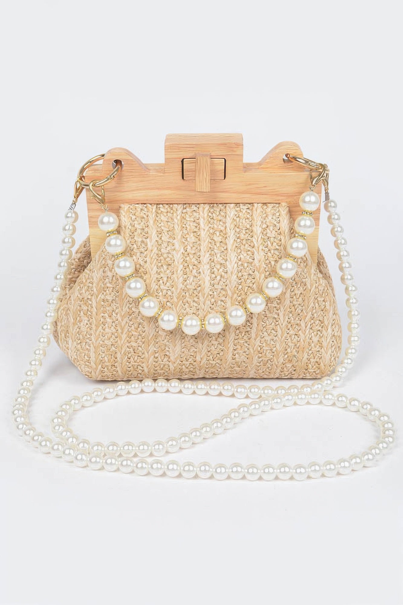 Faux Straw Wood Frame Clutch W/ Faux Pearl Chain