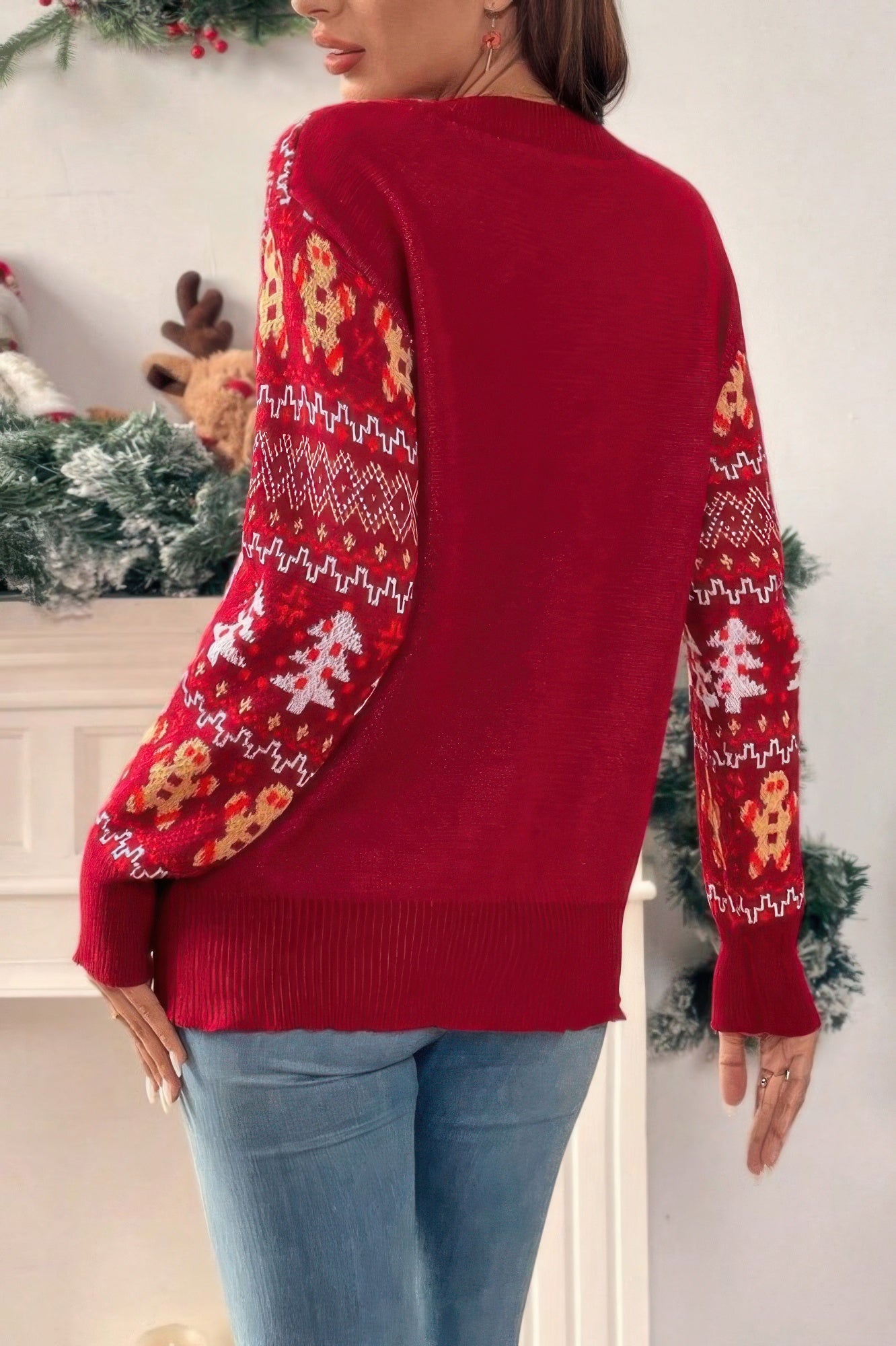 Knit Christmas Print Round Neck Loose Fit Sweater