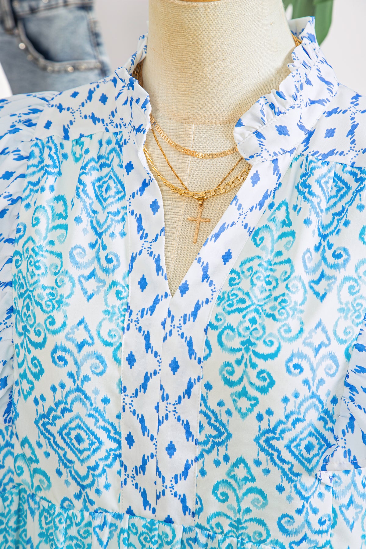 Sky Blue Boho Floral Geometric Patchwork Ruffle Puff Sleeve Mini Dress