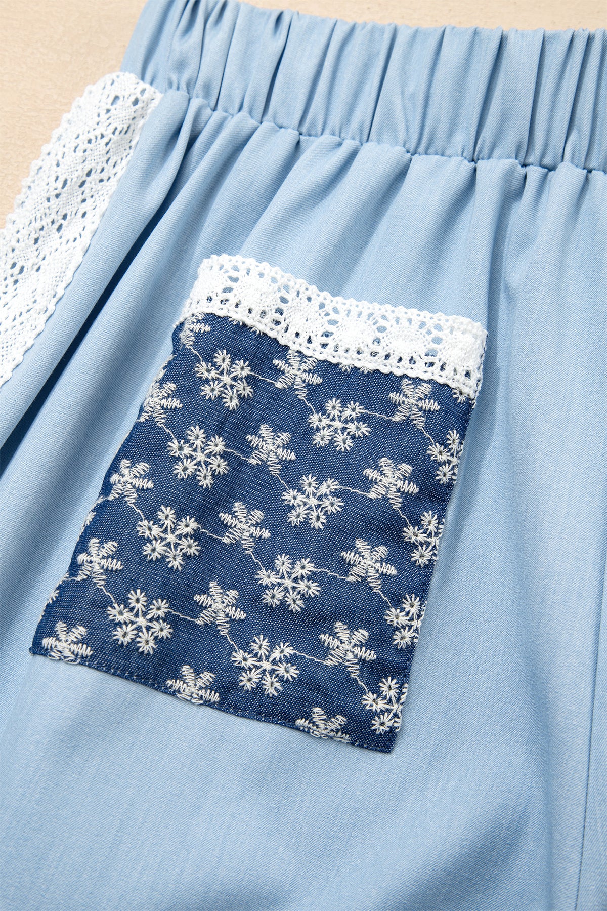 Beau Blue Lace Accent Floral Patched Pocket Pleated Wide Leg Pants