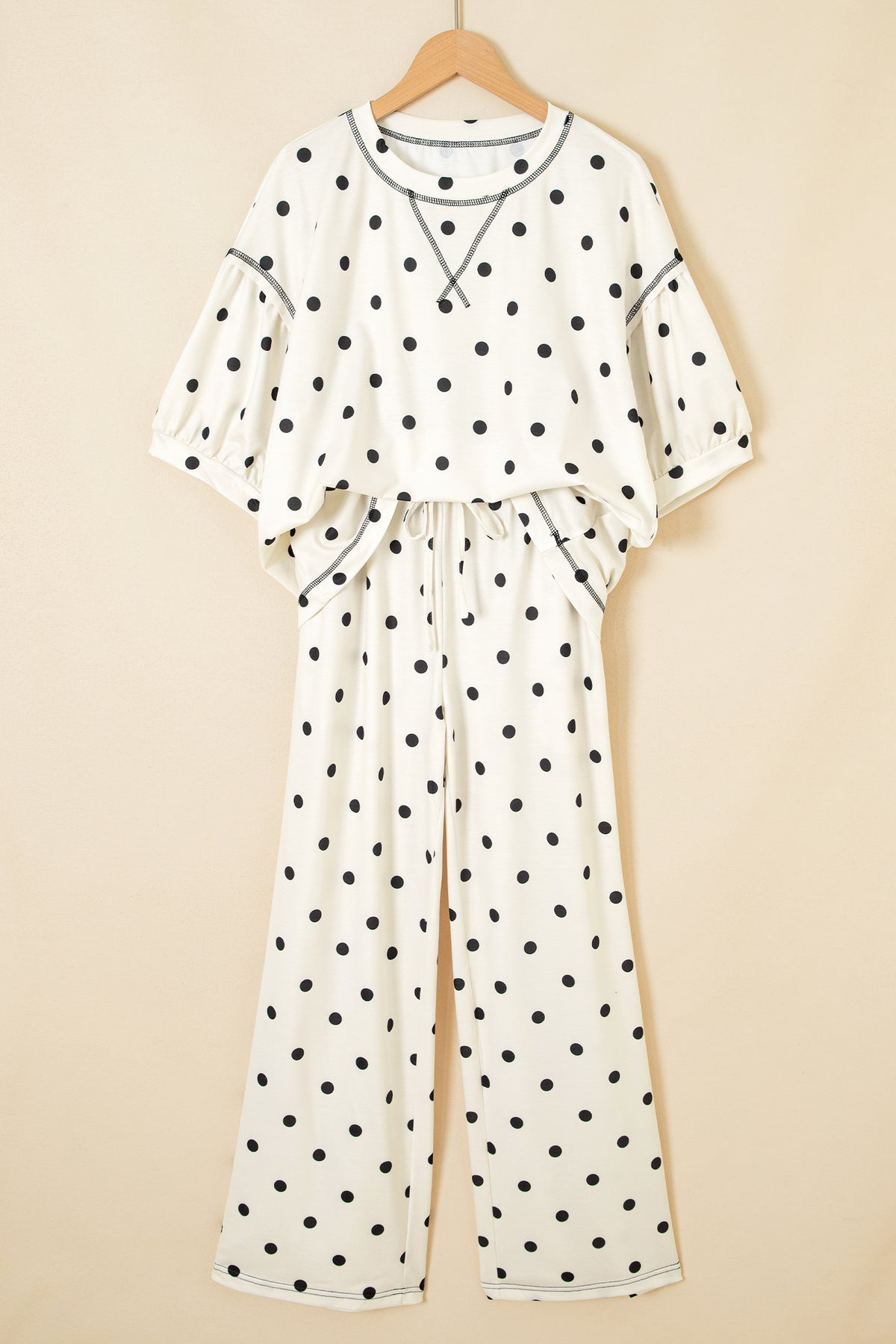 Women's Black Polka Dot Half Sleeve Loose Top Elastic Waist Casual Pants Set