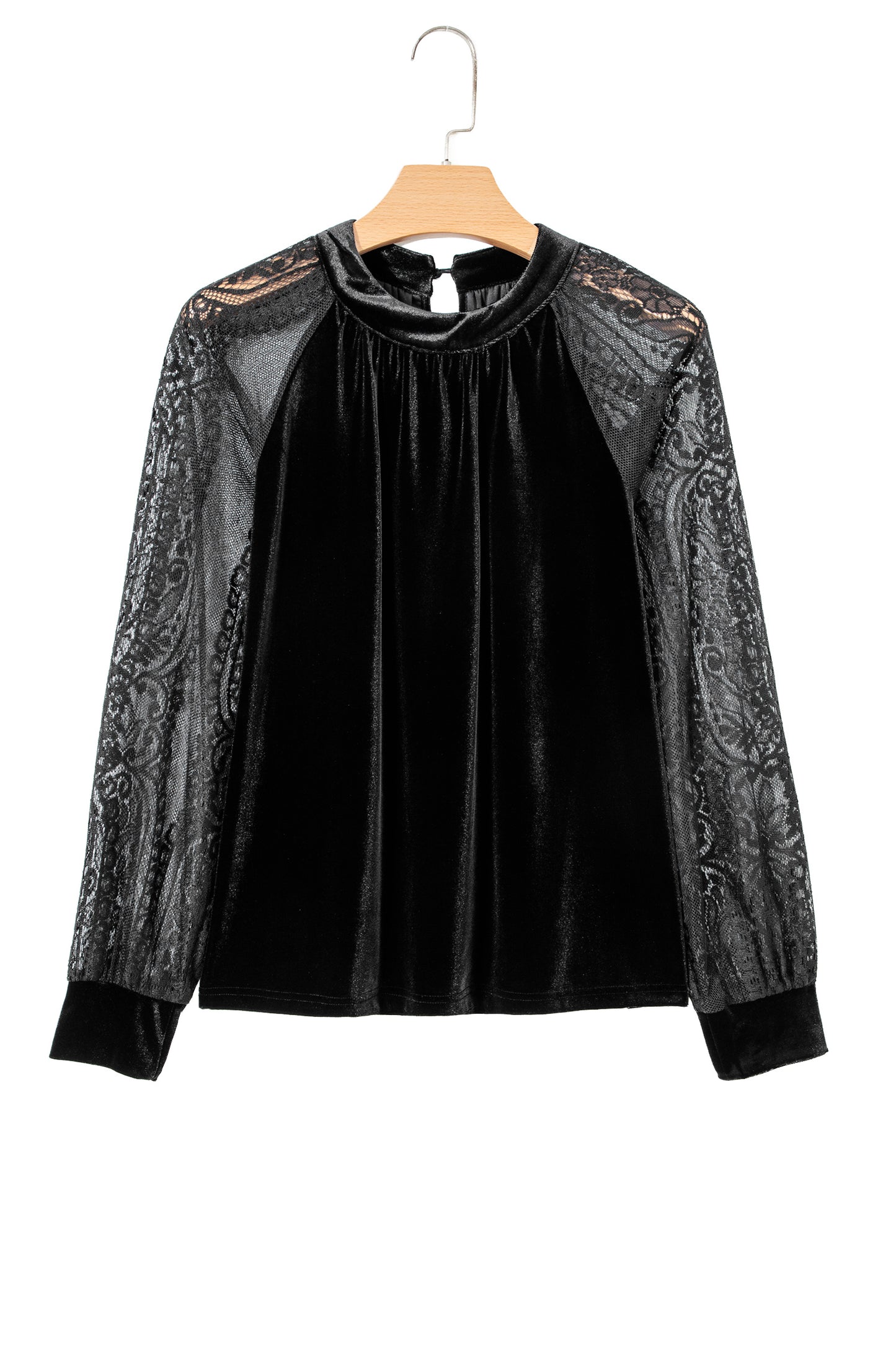 Color Black Solid Color Sheer Lace Long Sleeve Patchwork Stand Neck Velvet Blouse