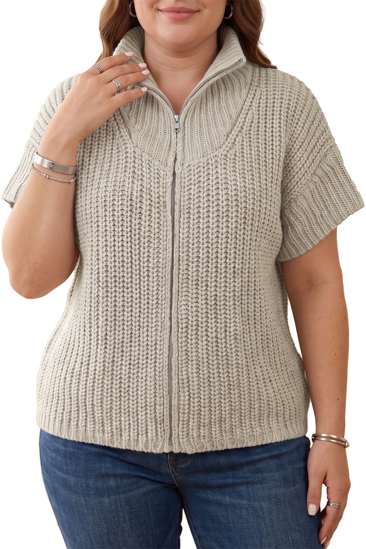 Jet Stream Plus Size Ribbed Knit Zip Up Tunic Sweater