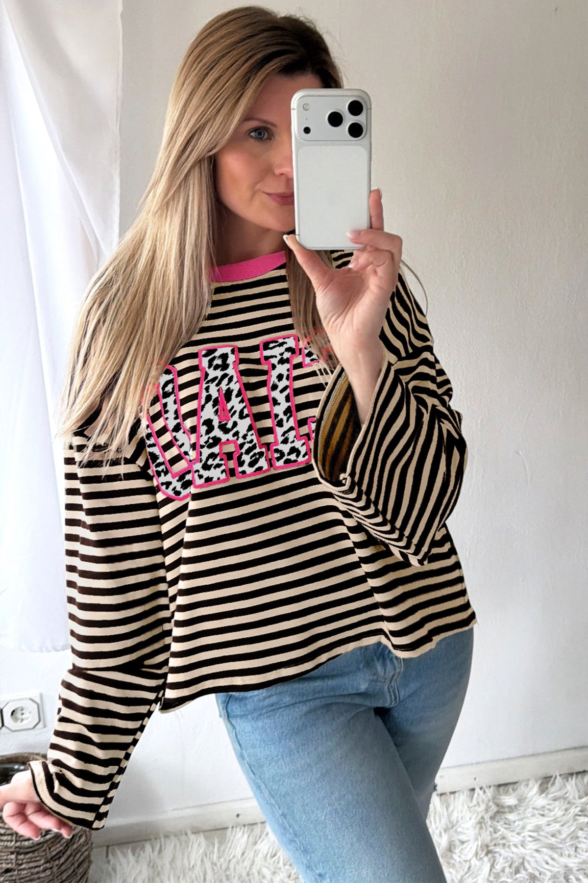 Beige Stripe Leopard CIAO Graphic Long Sleeve Top