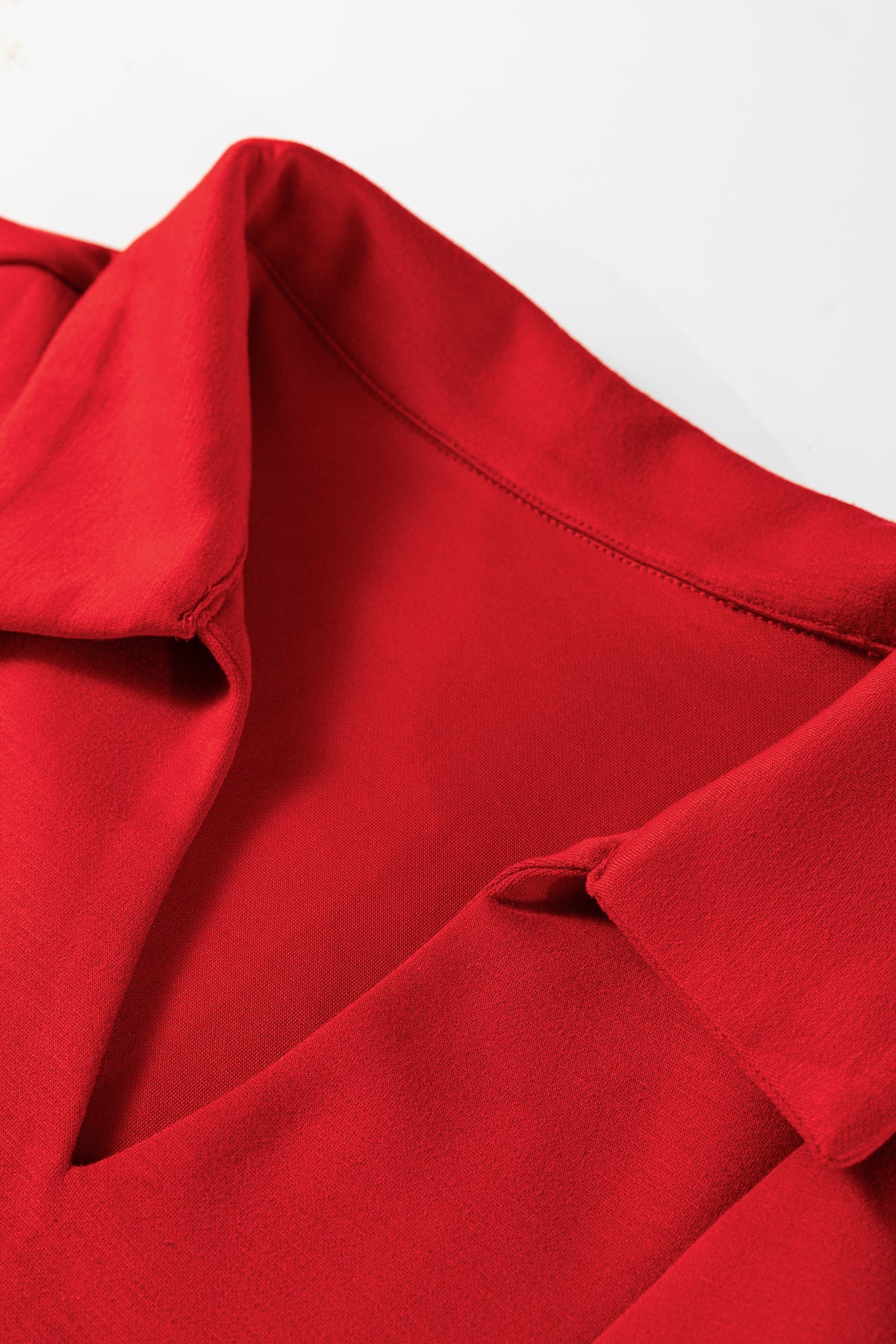 Fiery Red Polo Collar V Neck 3/4 Sleeve Pullover Drawstring Bell Bottom Pants 2pcs Set