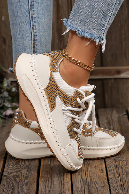 White Rhinestone Embellished Color Block Lace-up Breathable Sneakers