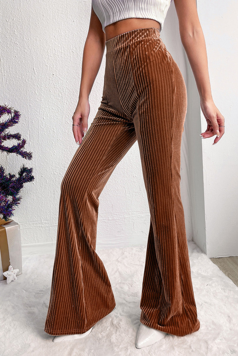 Chestnut Solid High Waist Flare Corduroy Pants