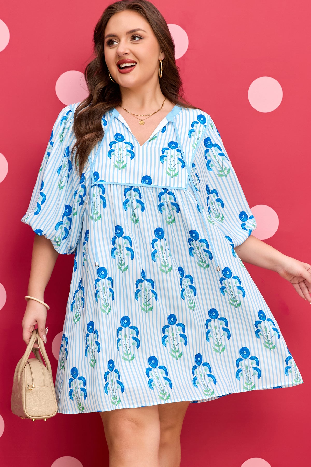 Sky Blue Floral Striped Bubble Short-Sleeve Plus Size Dress
