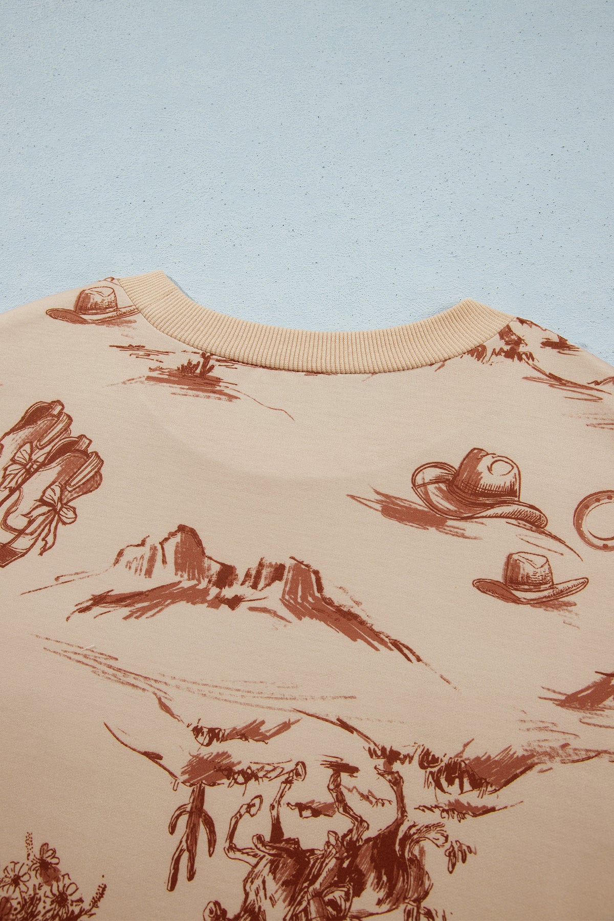 Women's Beige Western Print Loose Fit Long-Sleeve Top Shorts Set