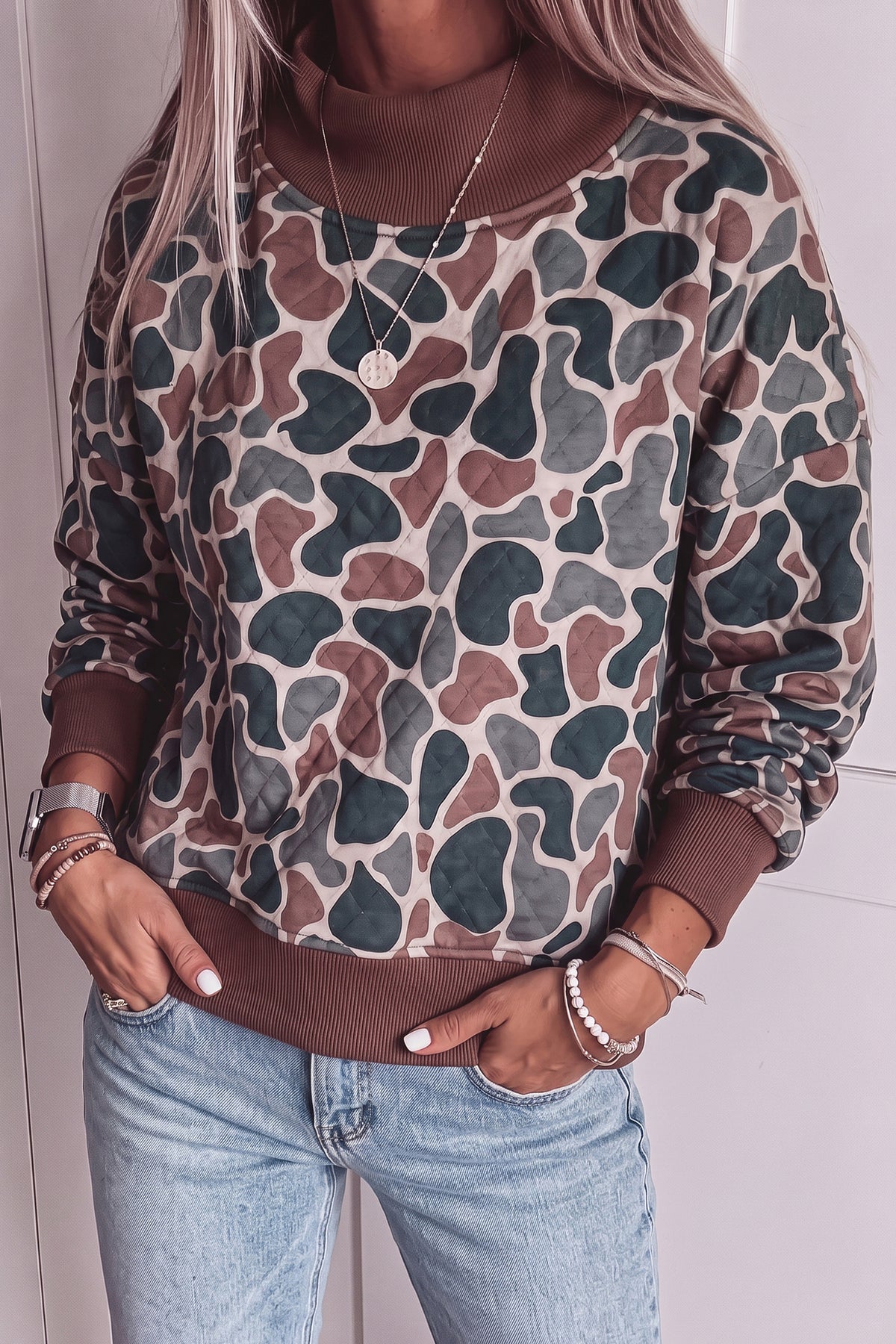 Multicolor Camo Quilted Mock Neck Sweatshirt