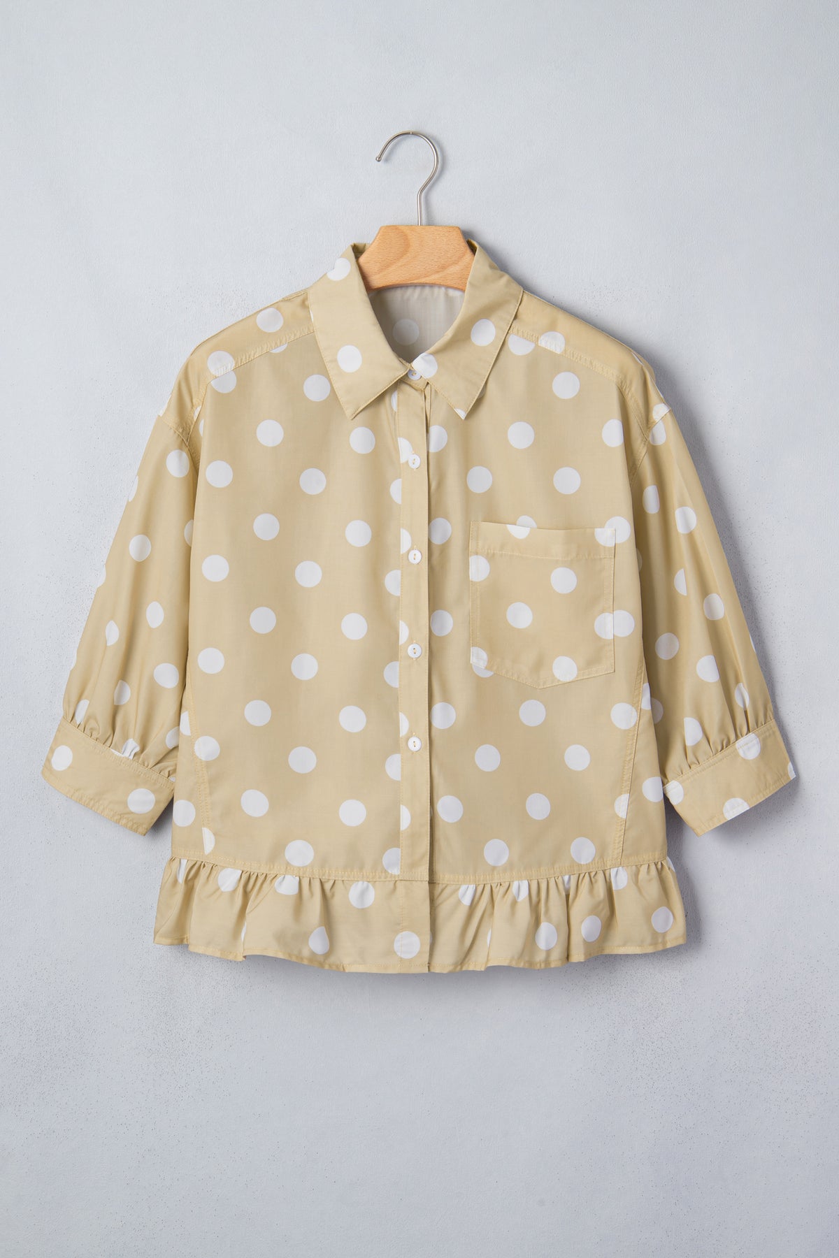 White Polka Dot Print Three Quarter Sleeve Ruffle Hem Shirt