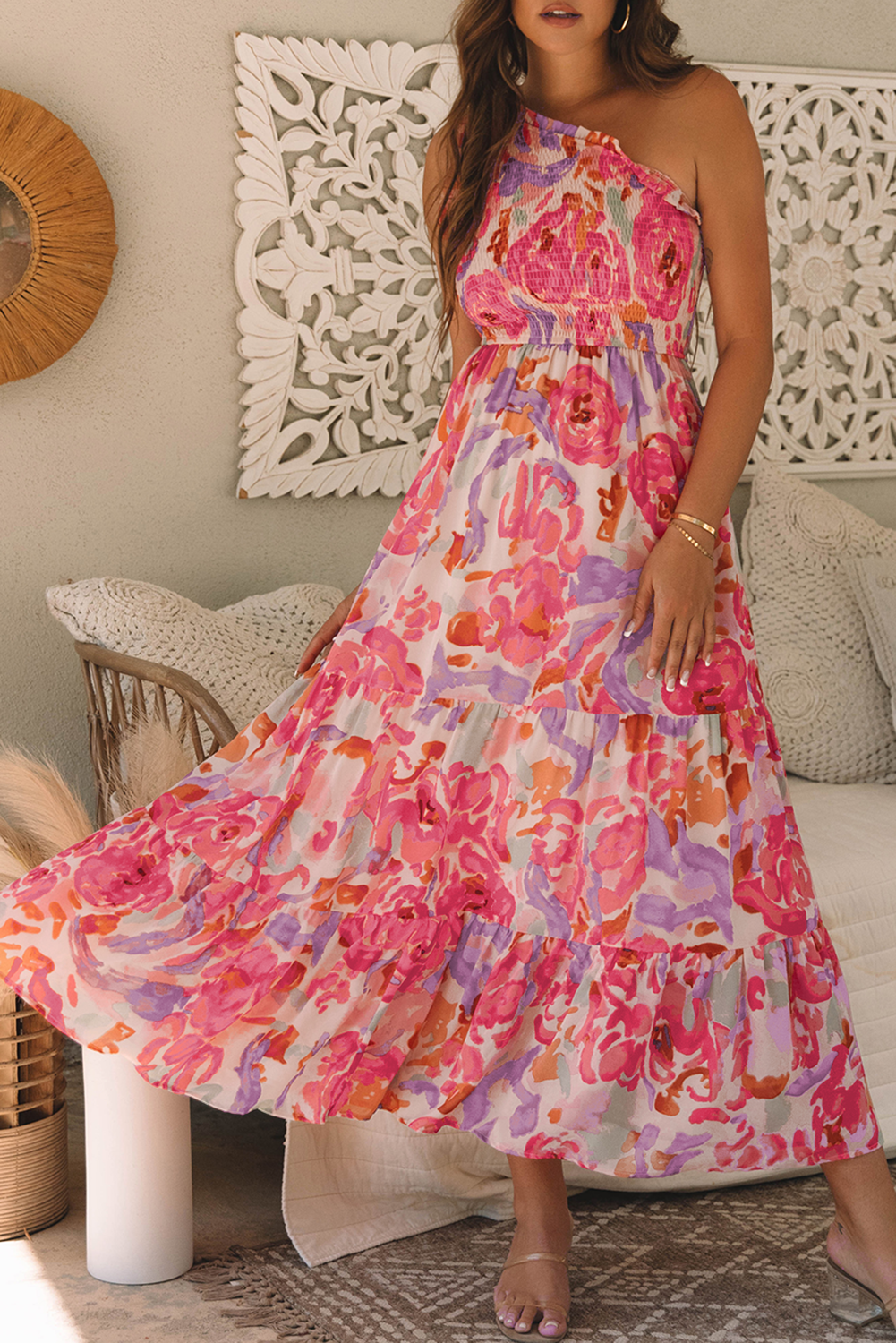 Pink Abstract One-Shoulder Maxi Dress