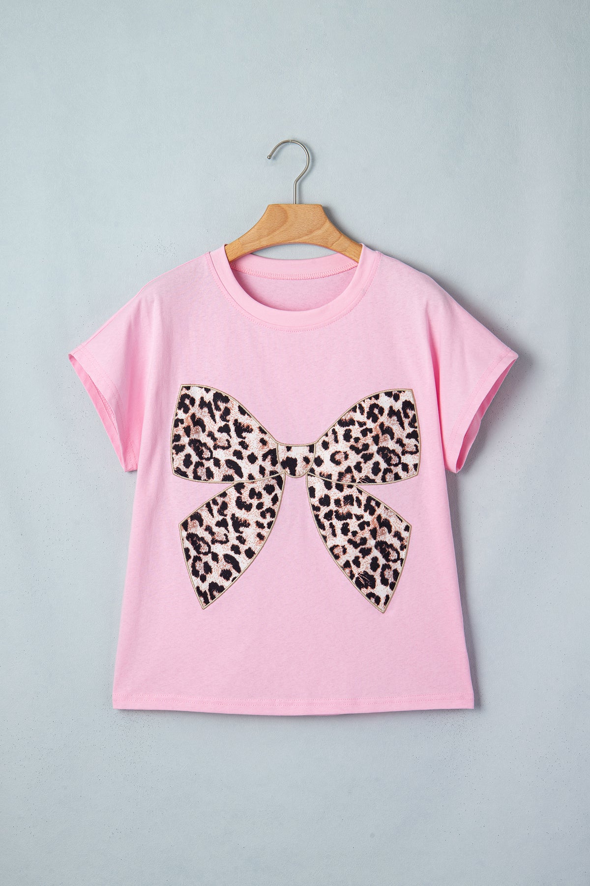 Black Leopard Bow Embroidered Cotton Round Neck T Shirt