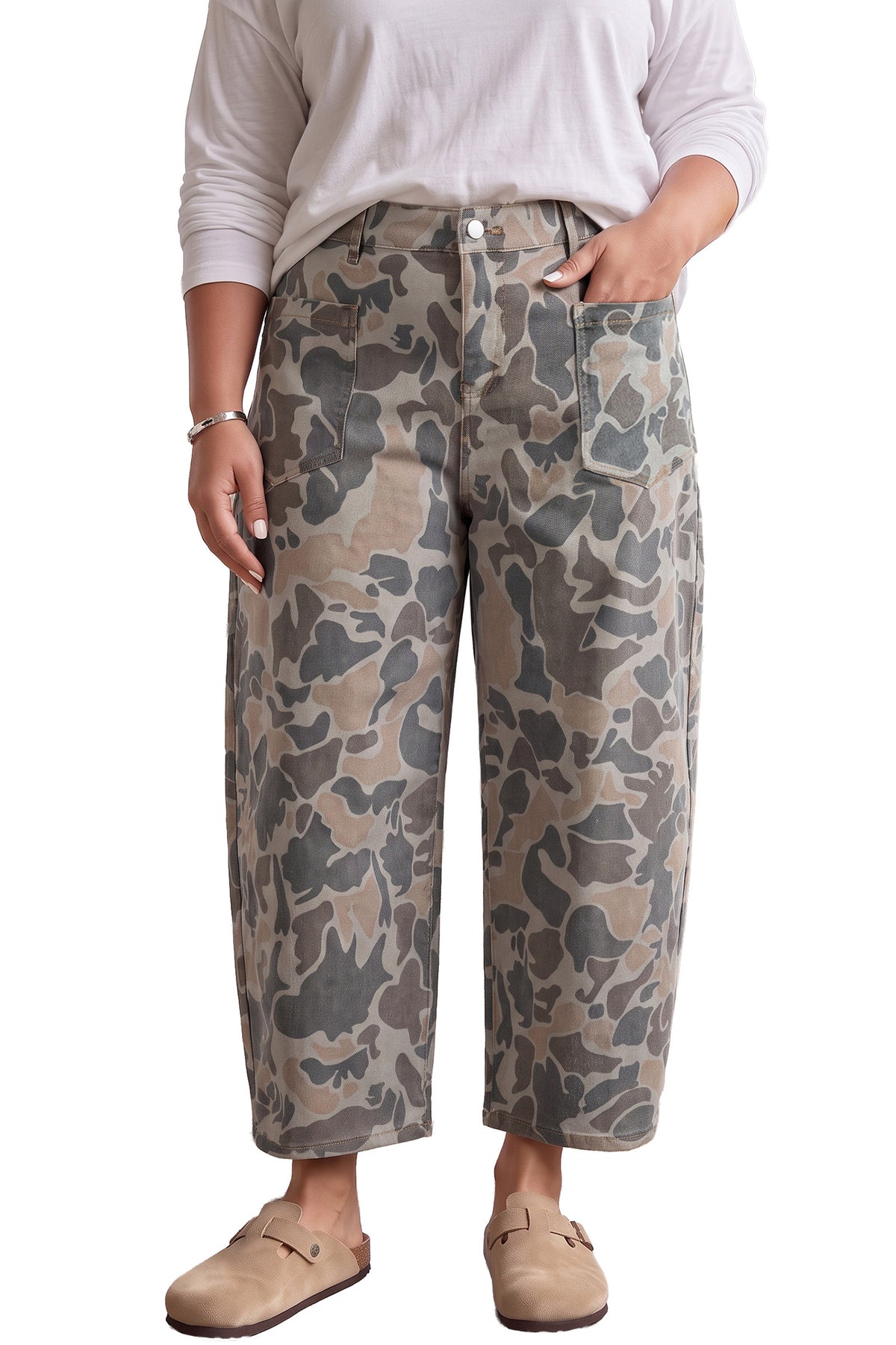 Multicolour Plus Size Camouflage Print High-Rise Barrel Jeans