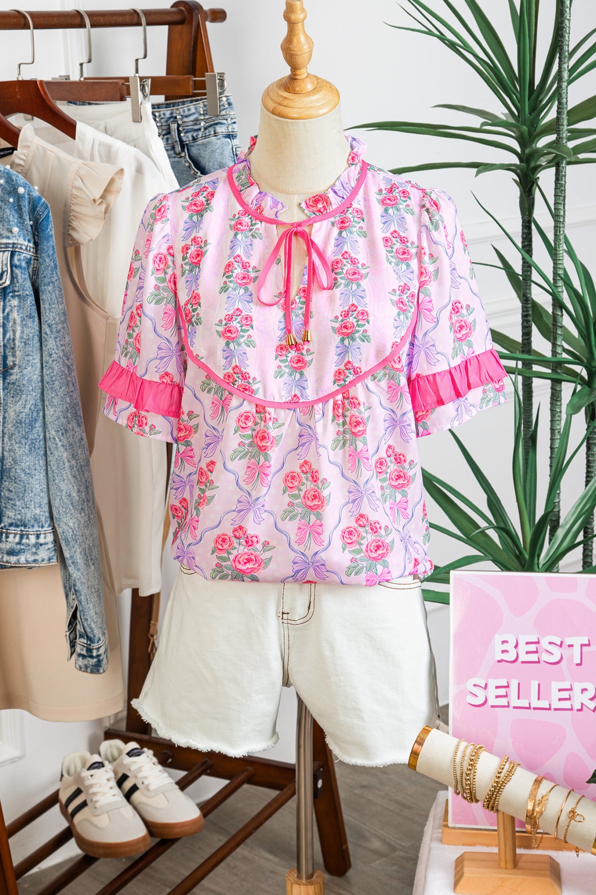 Purple Coquette Floral Bow Contrast Ruffled Short Sleeve Blouse