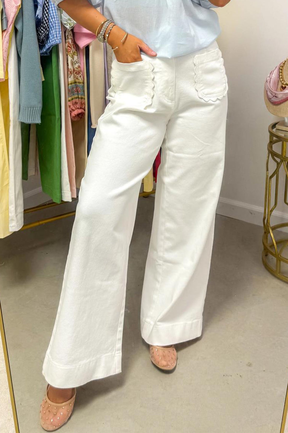 Yellow Solid Scalloped Patch Pocket Shift Jeans