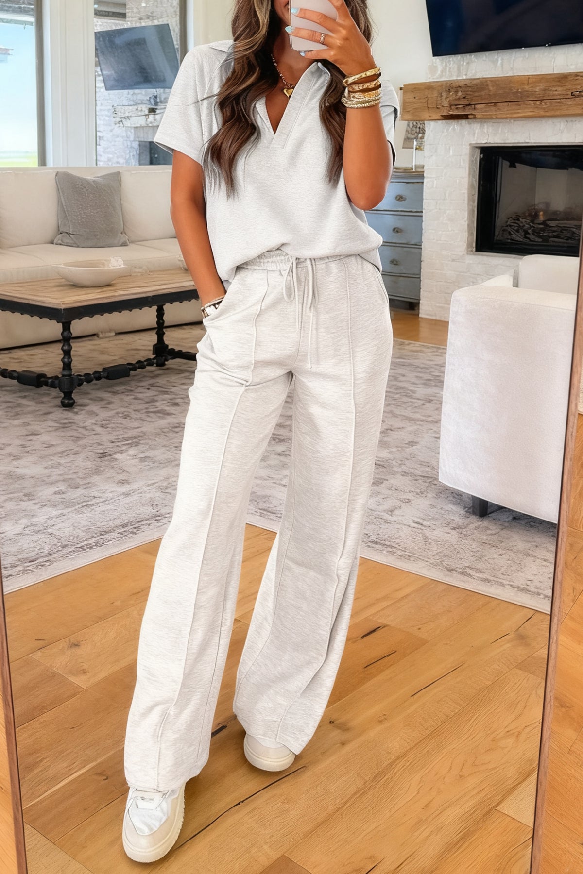 Women's Light Grey Polo Tee Pants Two-Piece Set