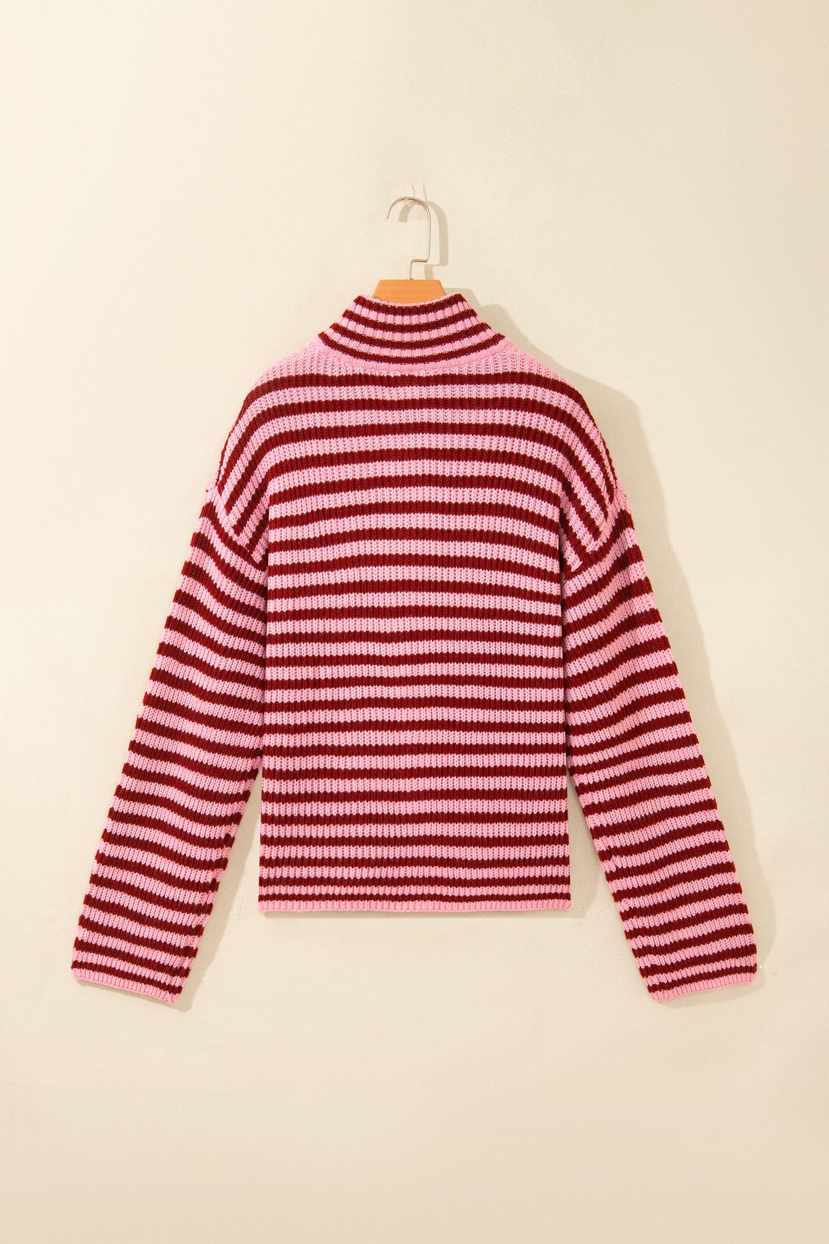 Red Stripe Striped High Neck Zip-up Sweater Long Sleeve Fit Drop Shoulder Open Front Cardigan