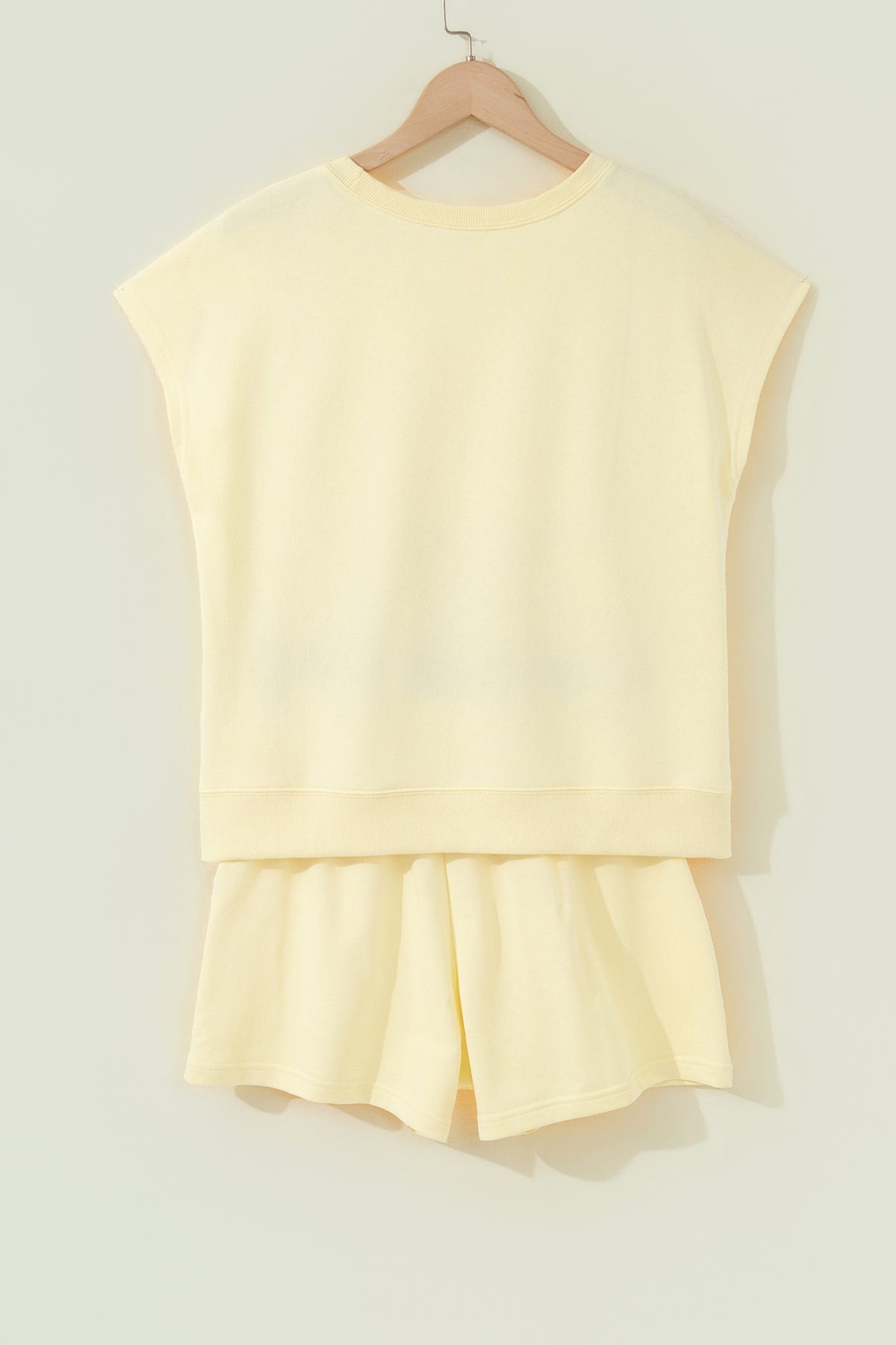 Women's Yellow Cream Tee Drawstring Shorts Comfy Two-Piece Set