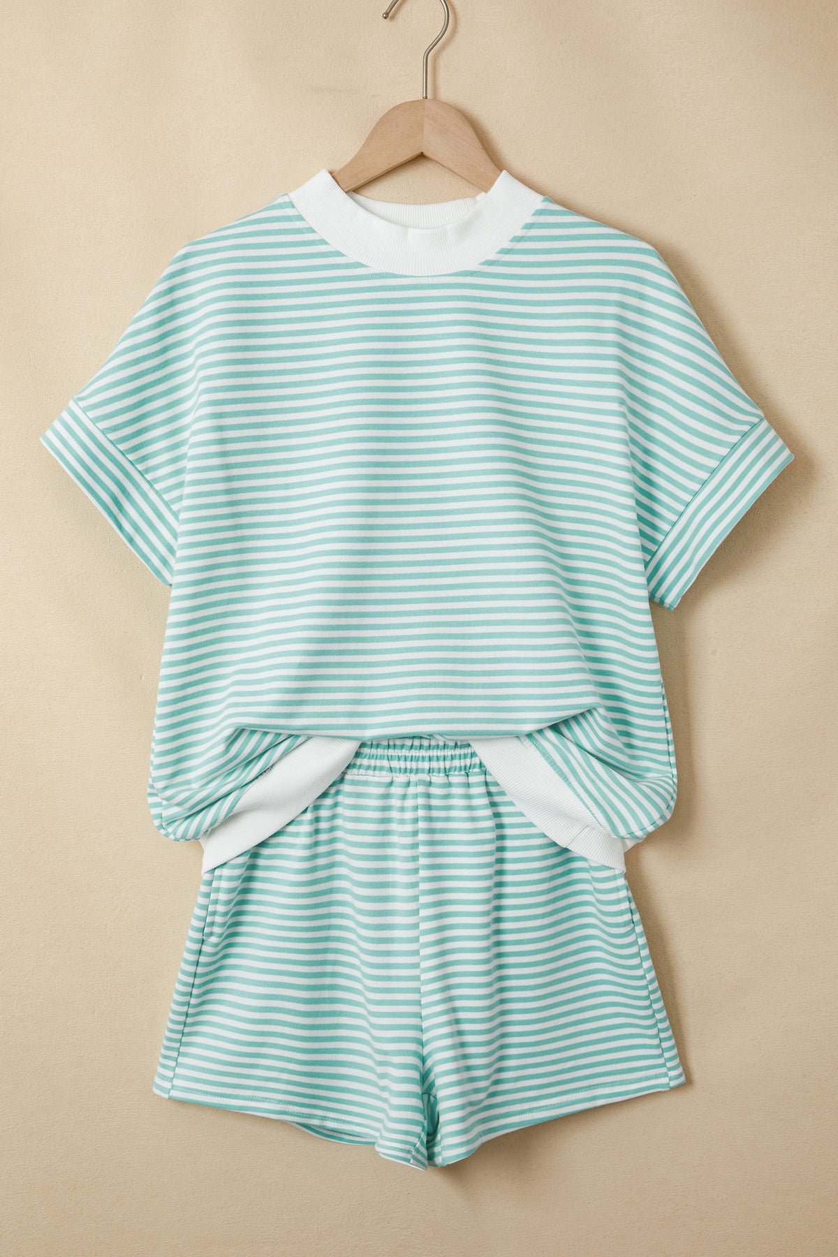 Women's Sky Blue Stripe Cuffed Sleeve Contrast Mock Neck Tee Two-Piece Shorts Two-Piece Set