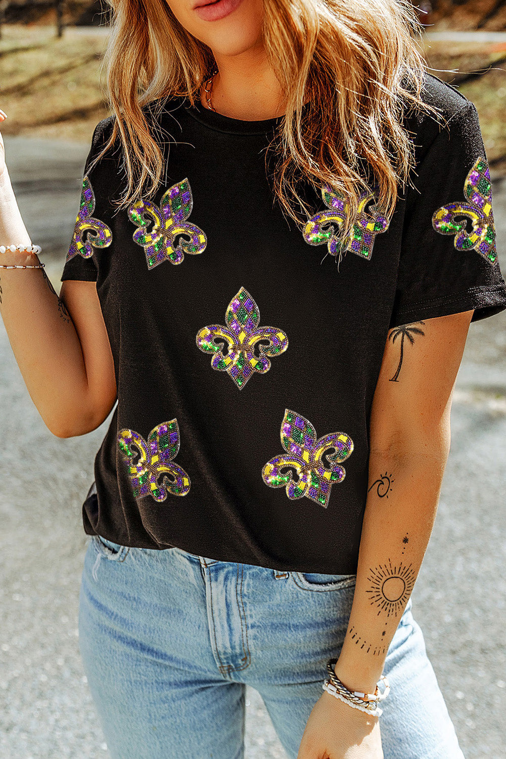 Black Maid Gras Sequin Fleur de Lis Graphic T-Shirt