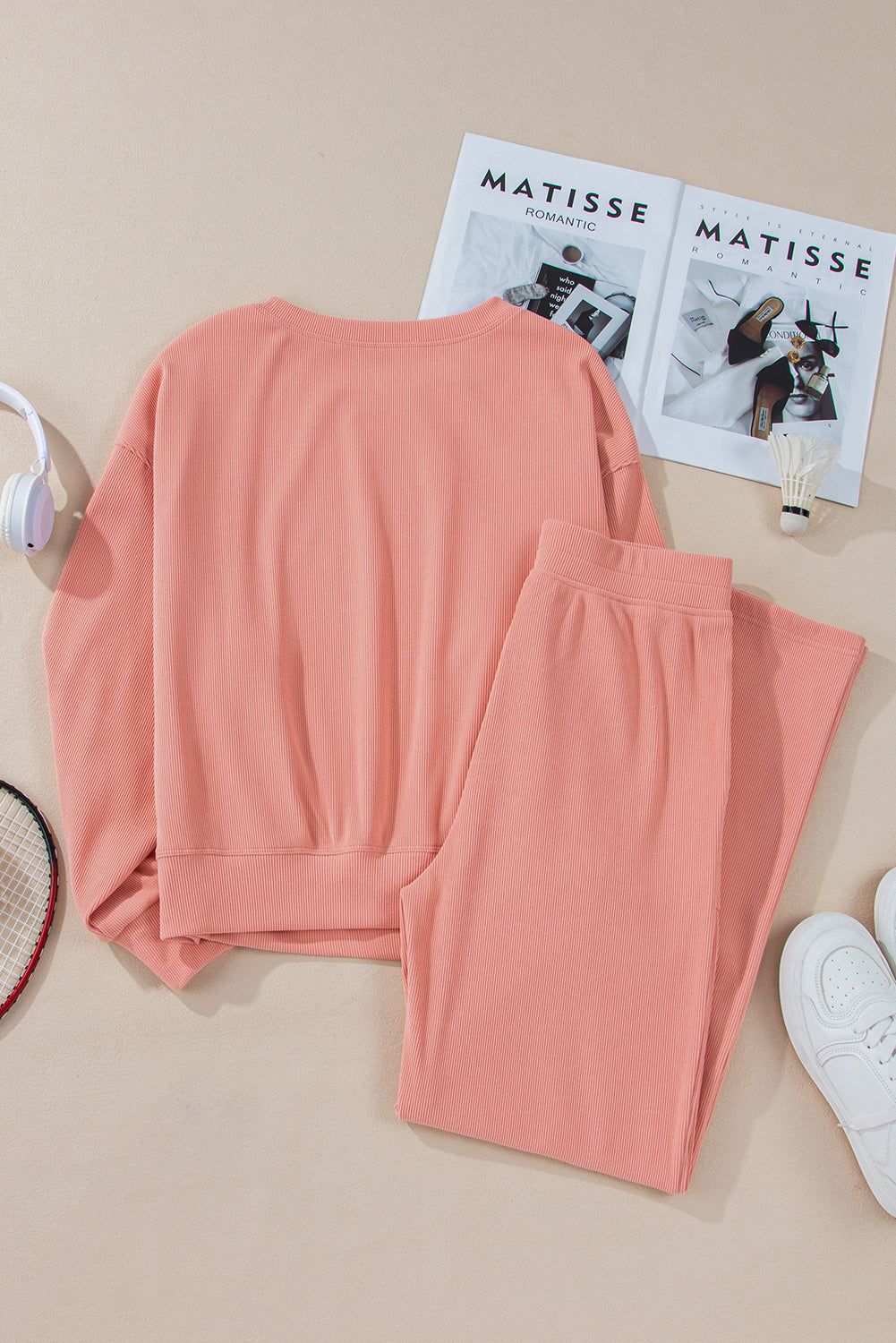 Women's Blossom Ribbed Knit Drop Shoulder Pocketed Two-Piece Lounge Set