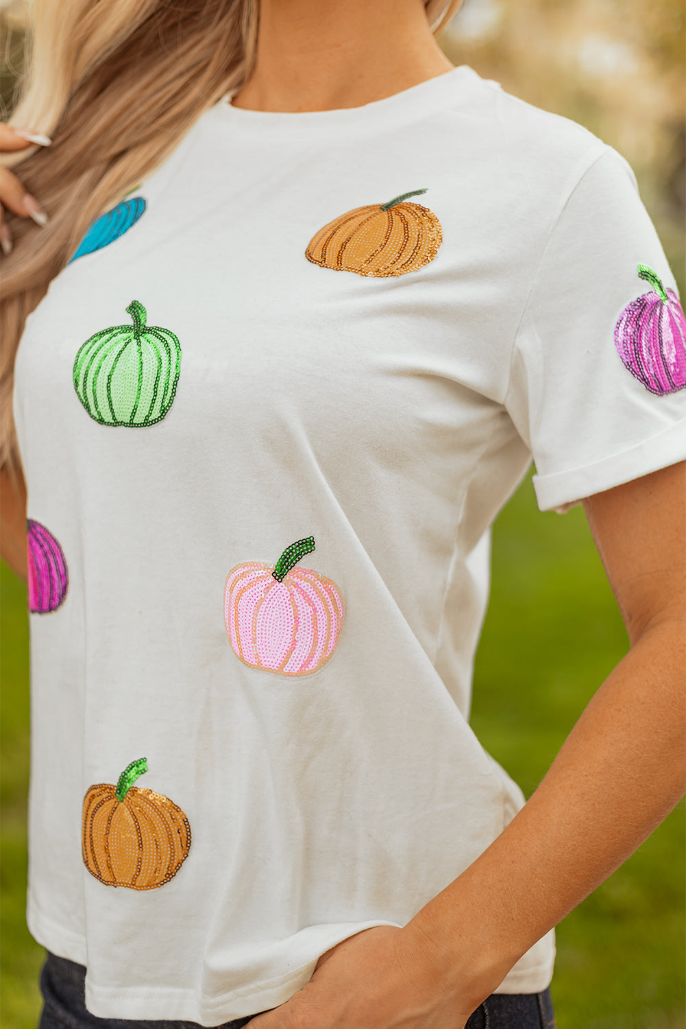 White Sequin Pumpkin Patched Cotton Blend T-Shirt