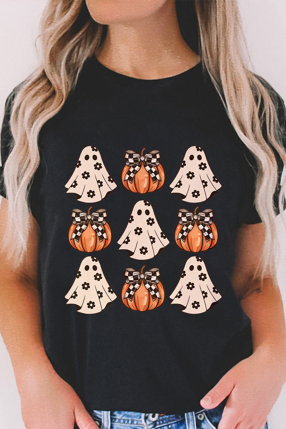 Black Halloween Ghost Pumpkin Print Crew Neck T-Shirt