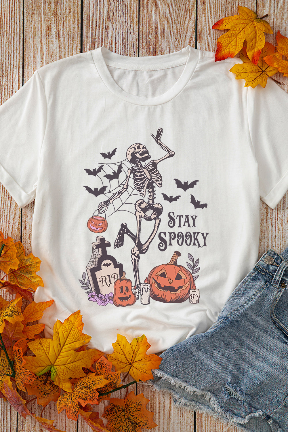 White Skull Pumpkin Face STAY SPOOKY Graphic Halloween T-Shirt