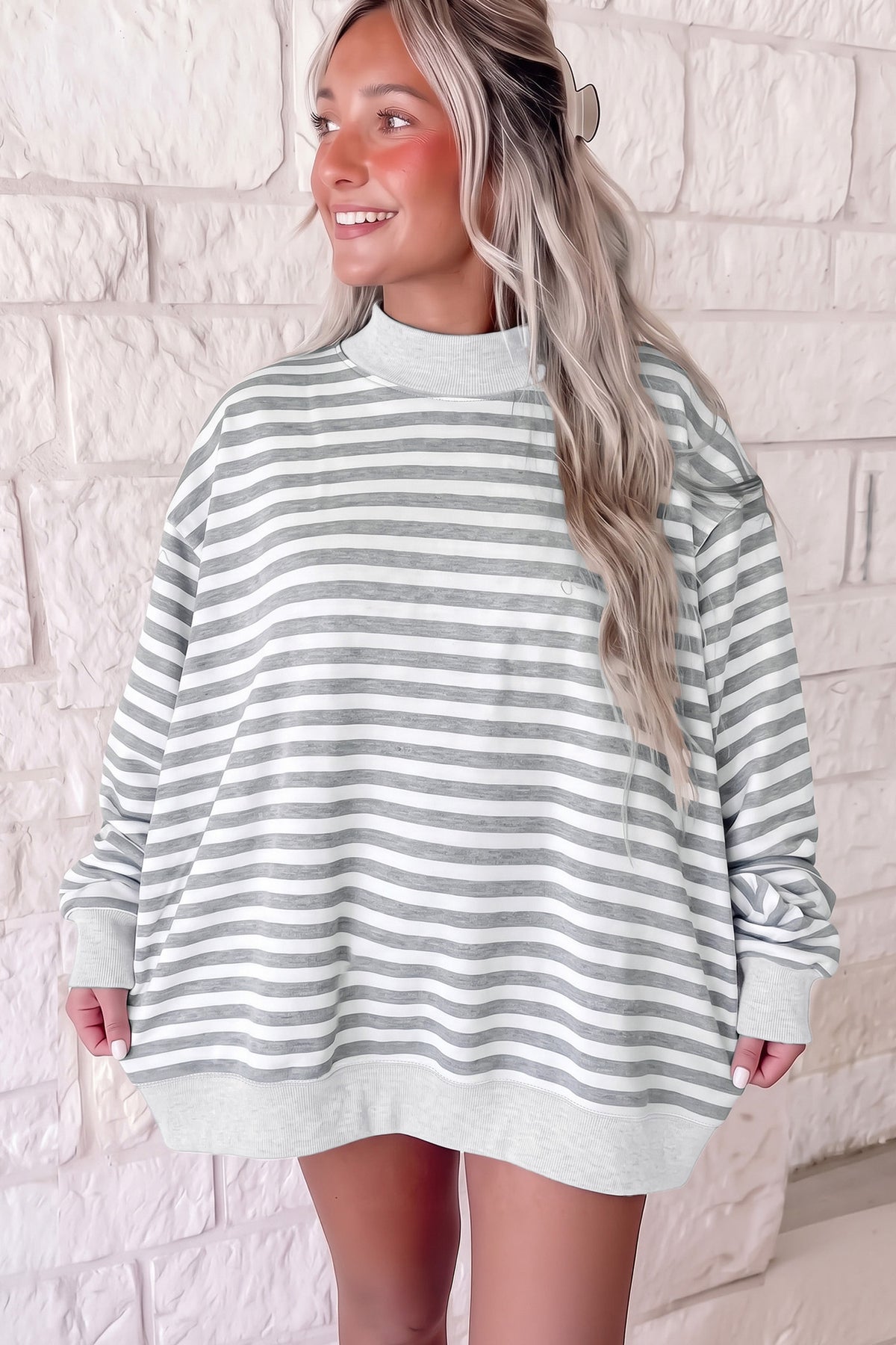 Green Stripe Mock Neck Oversized Tunic Sweatshirt