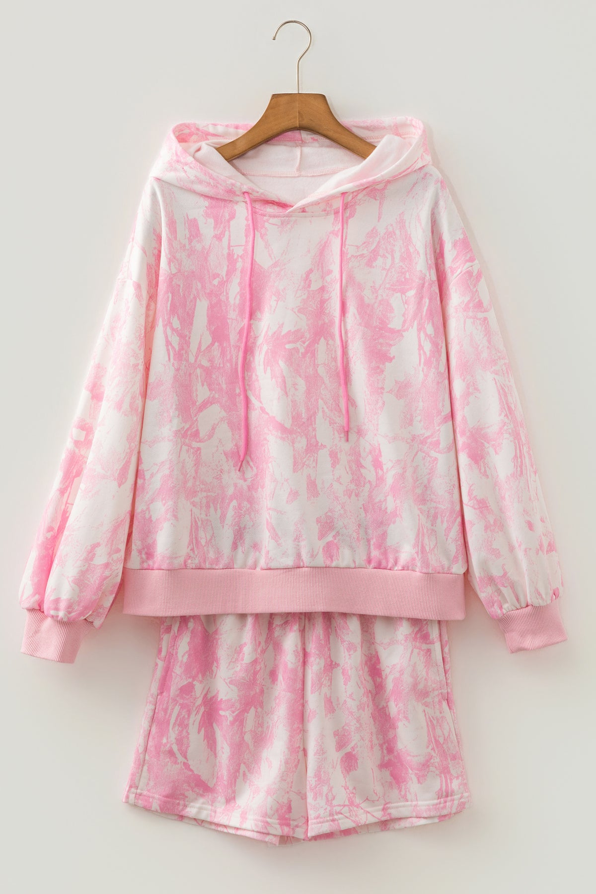 Women's Pink Abstract Print Loose Hoodie Slim Shorts Two-Piece Set
