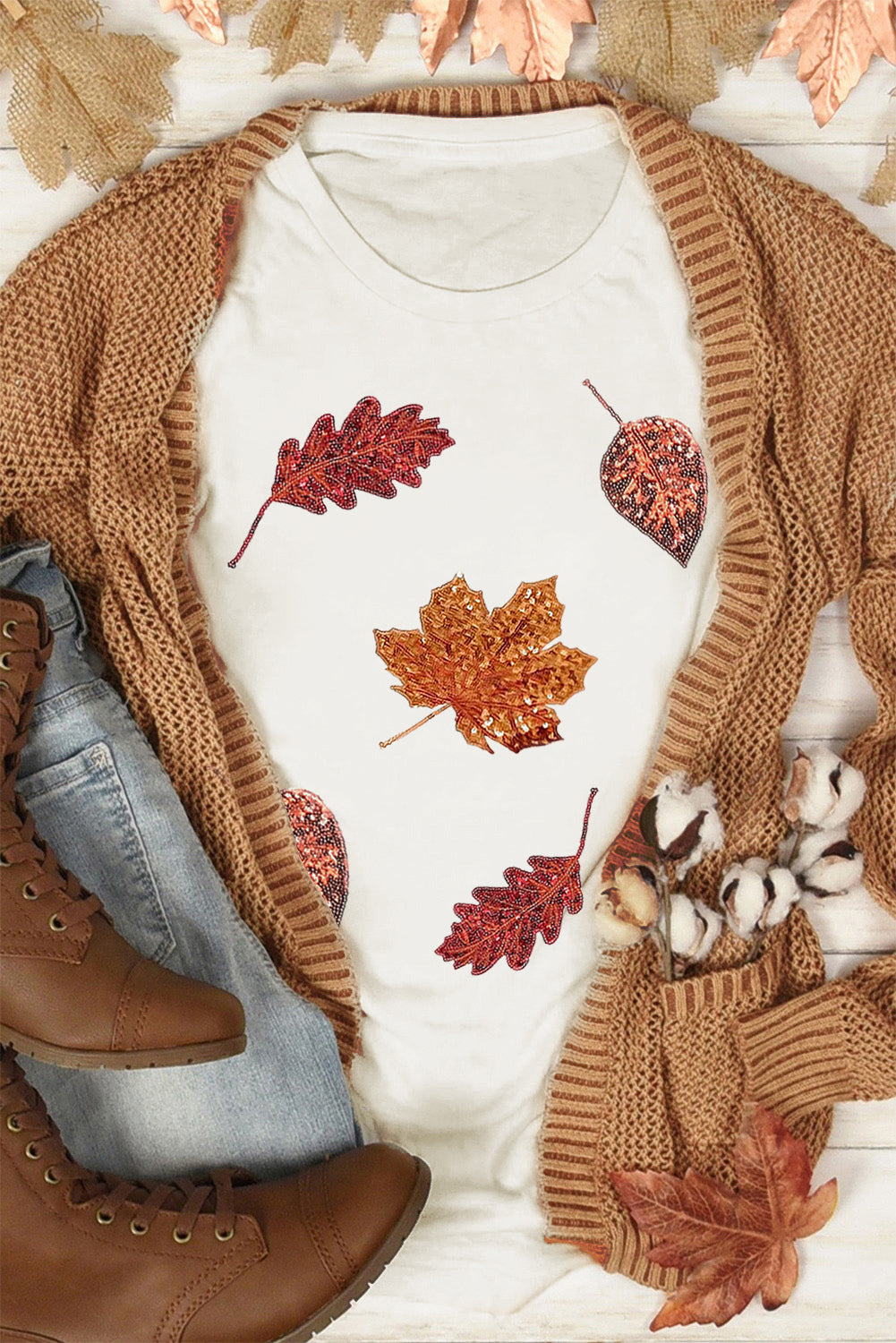 White Halloween Sequined Leaves Graphic Crew Neck T-Shirt