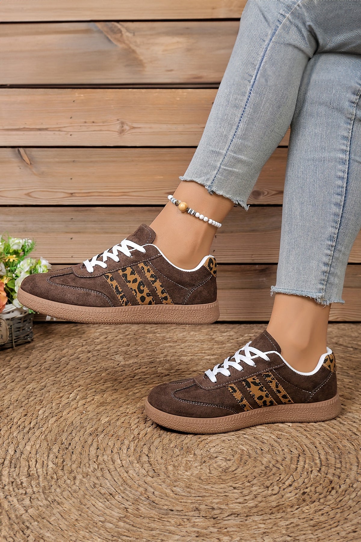 Coffee Contrast Lace-up Leopard Patchwork Faux Suede Sneakers