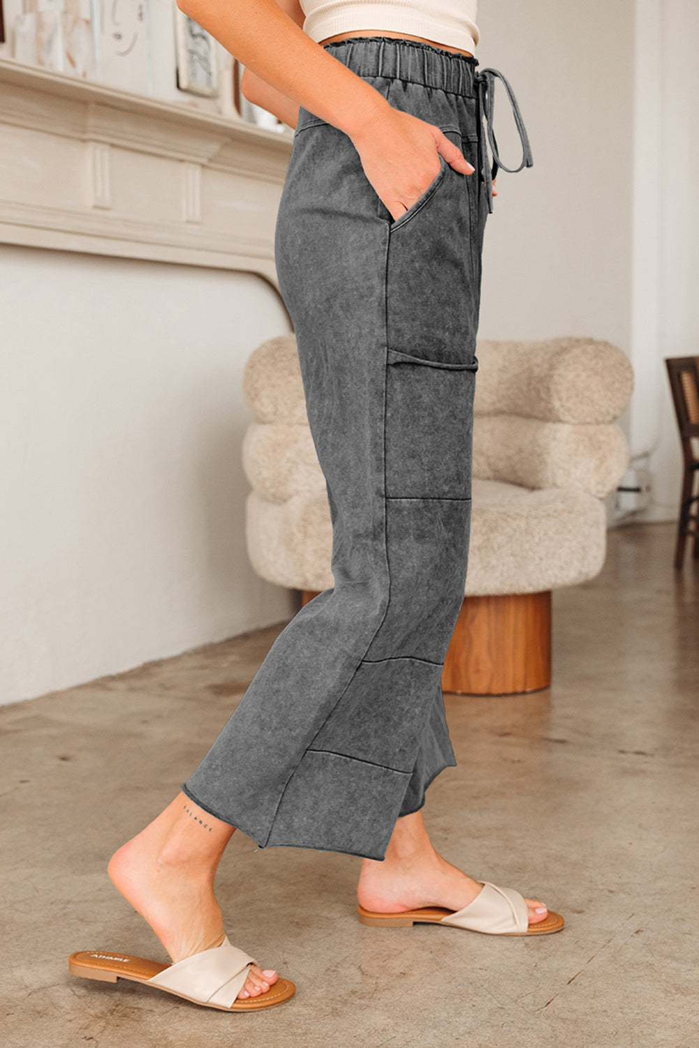 Wild Ginger Mineral Wash Lace-up High Waist Raw Hem Patched Pocket Pants