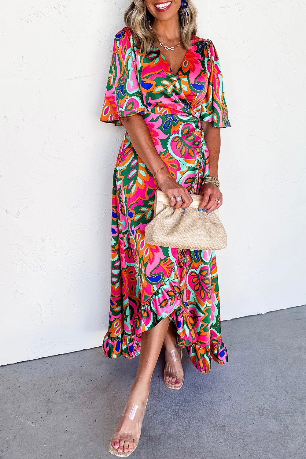 Rose Summer Plant Surpliced V Neck Ruffled Asymmetric Slit Wide Maxi Dress