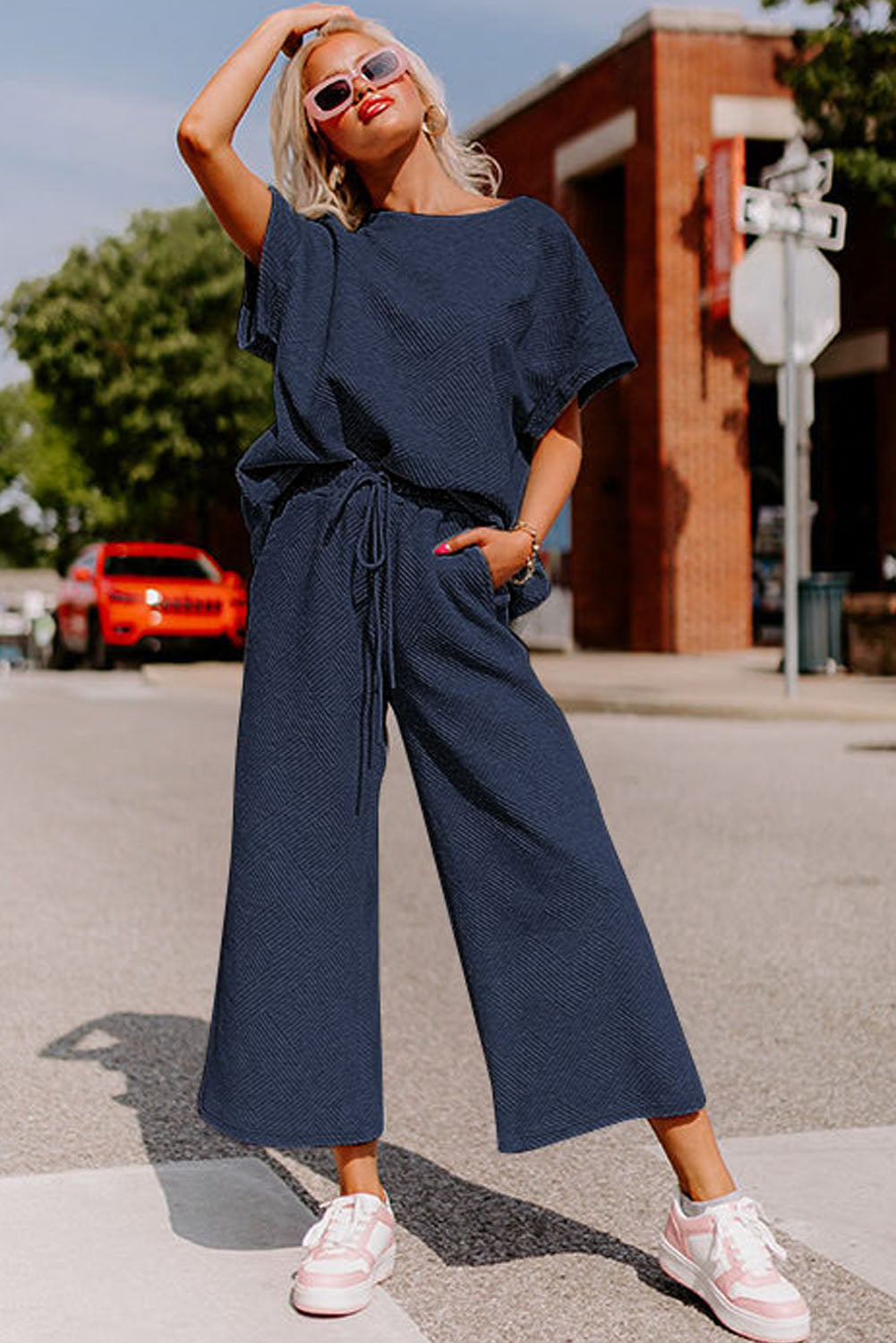 Red Dahlia Textured Loose Fit T Shirt and Drawstring Pants Set