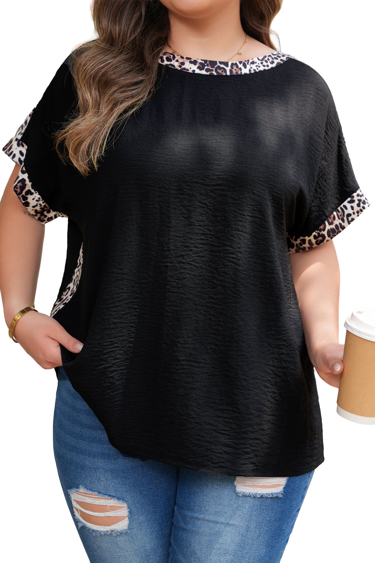 Black Plus Size Leopard Patchwork Round-Neck Loose Tee