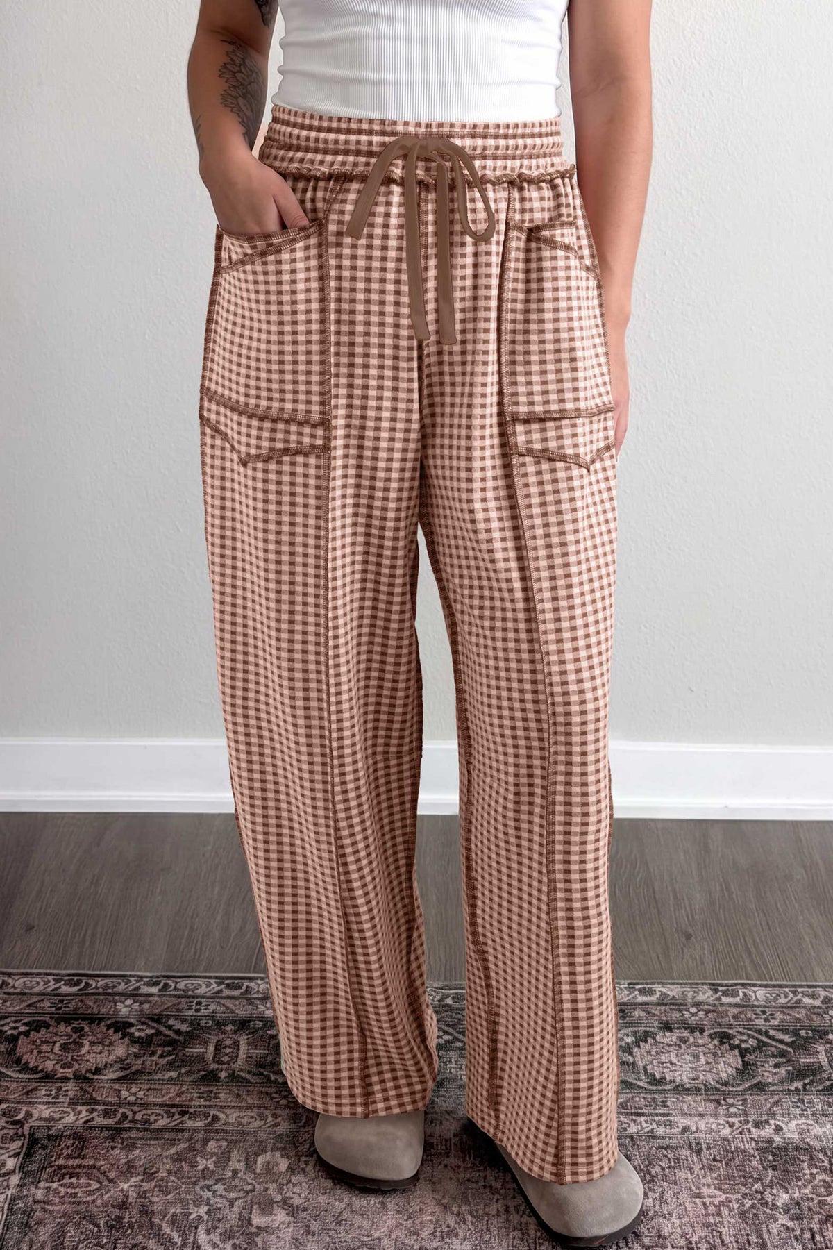 Brown Plaid Contrast Drawstring Elastic Waist Pants