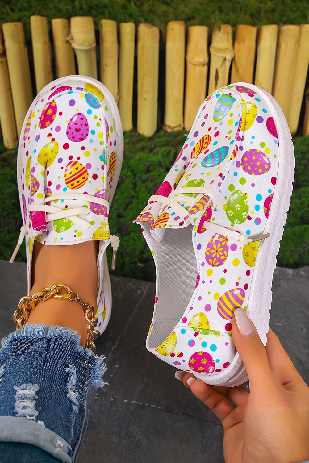 Easter Eggs Printed Square Toe Slip-On Canvas Flats
