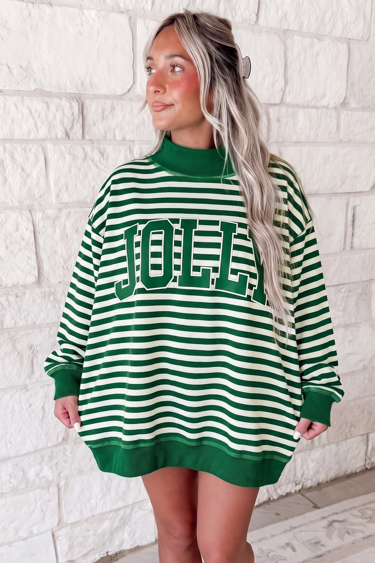 Red Stripe Christmas Slogan Mock Neck Oversized Sweatshirt