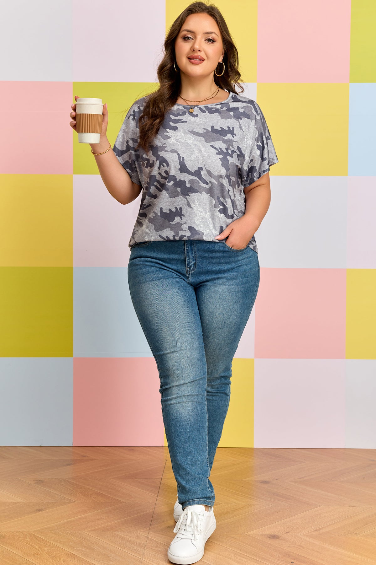Gray Plus Size Camo Print Casual T-Shirt