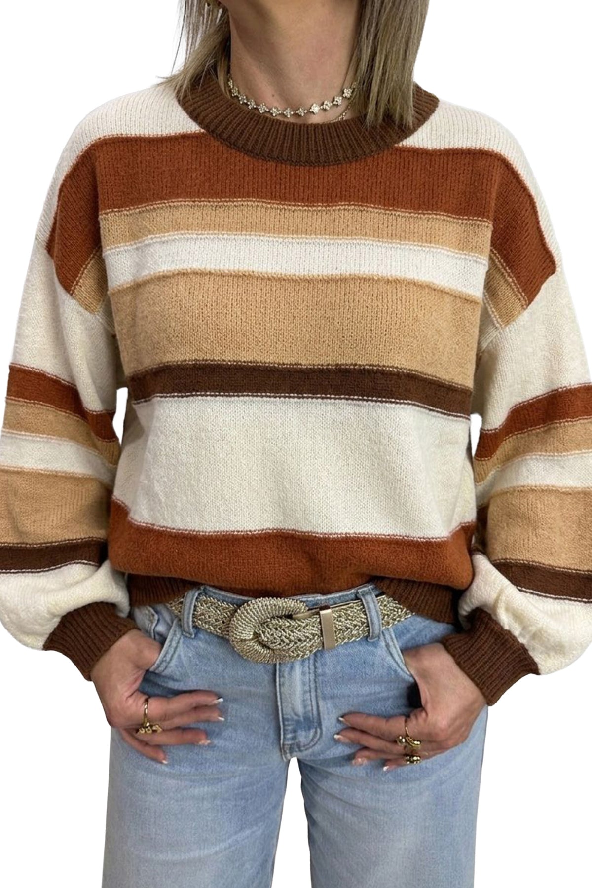 Multicolor Stripe Crew Neck Knit Sweater