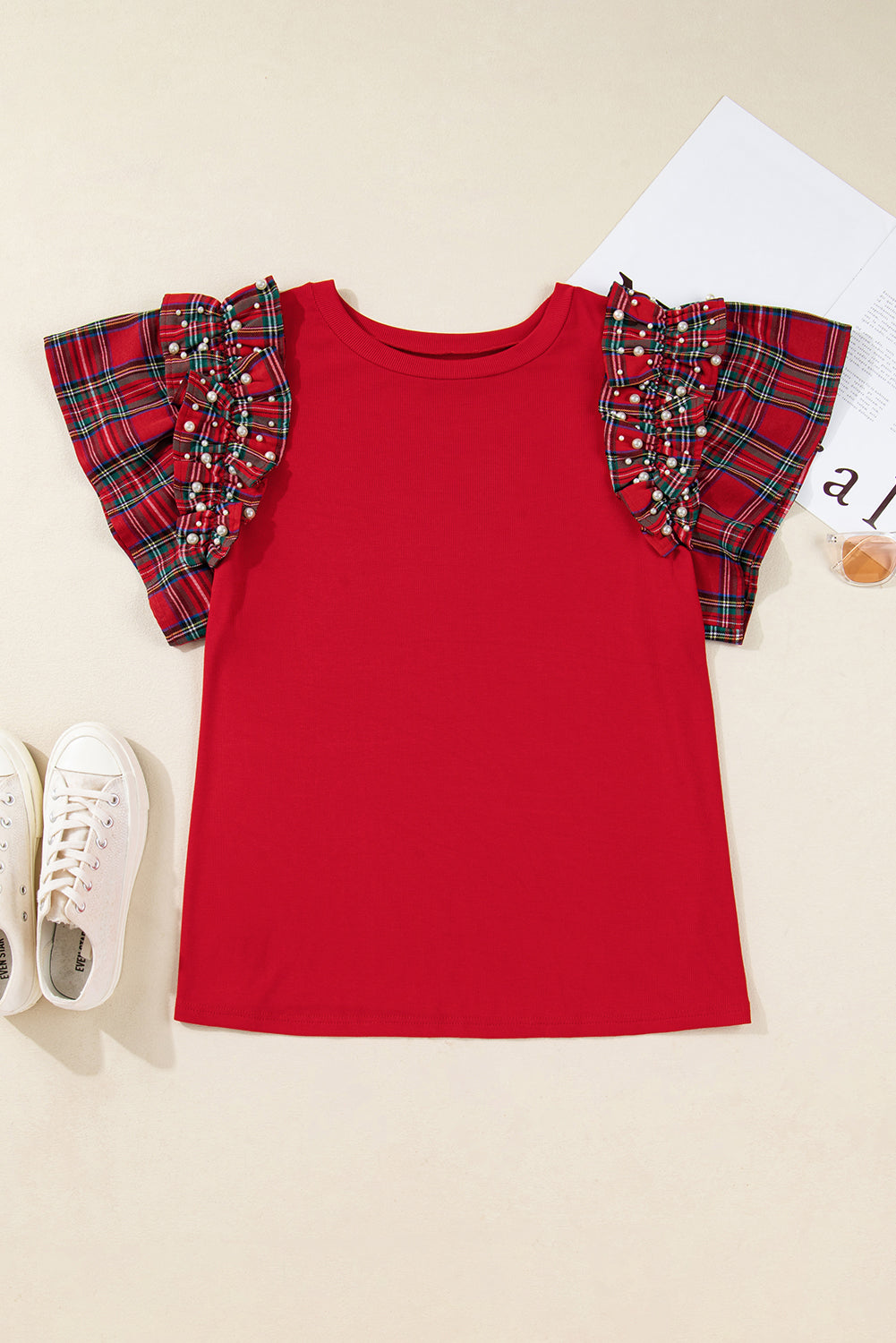 Racing Red Plaid Pearl Ruffled Short-Sleeve Knitted Christmas Holiday Plus Size T-shirt