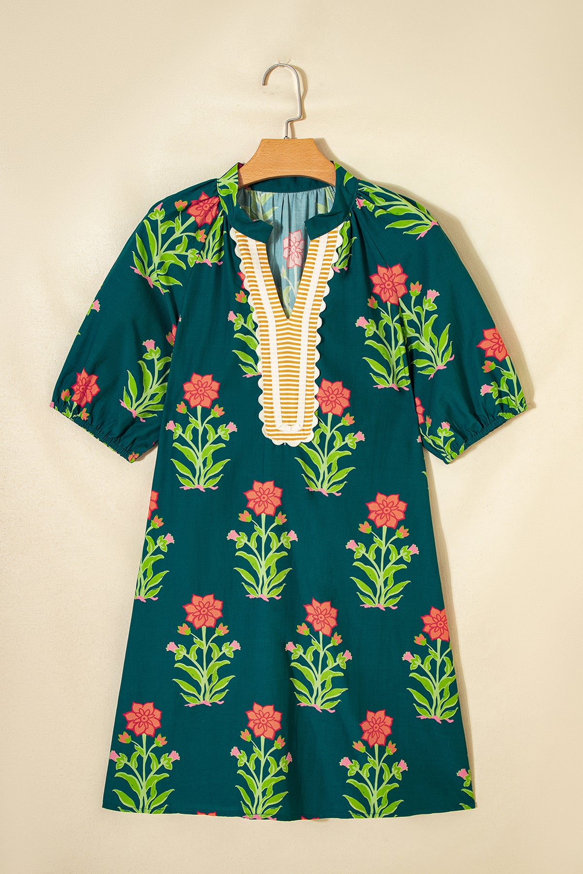 Green Floral Print Striped Patchwork Short Sleeve Dress