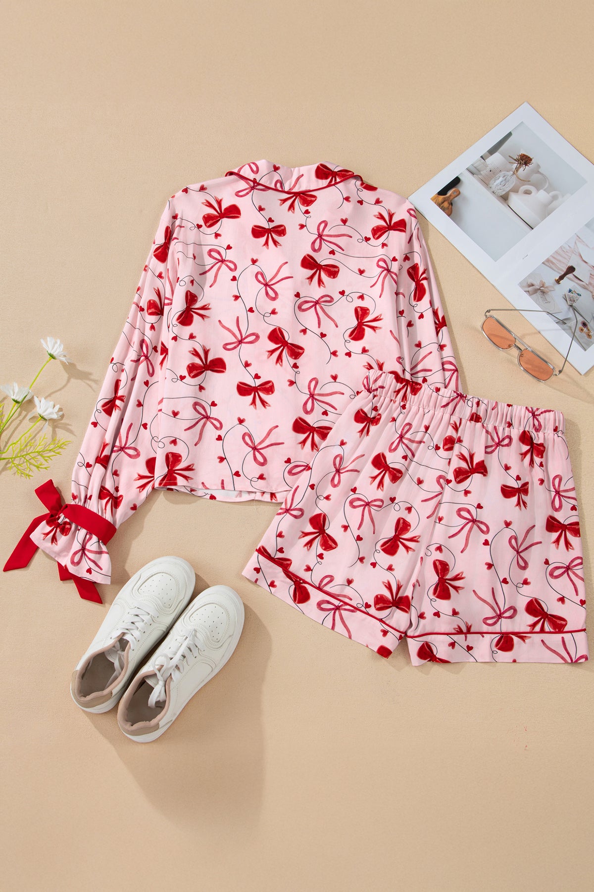 Red Bow Print Valentine Long Sleeve Shirt Shorts Pajama Set