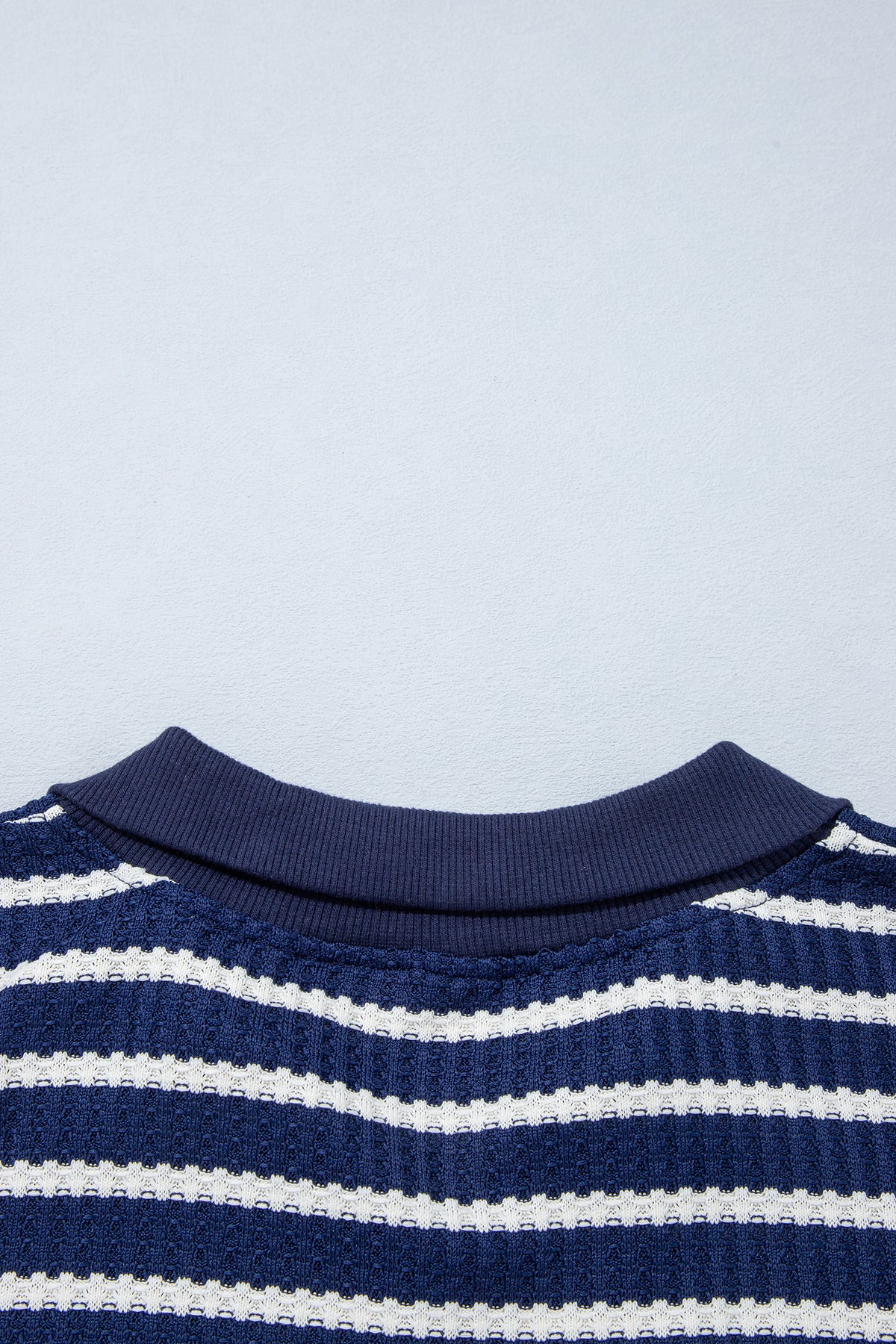 Blue Stripe Textured Knit Half Zip Collared Top
