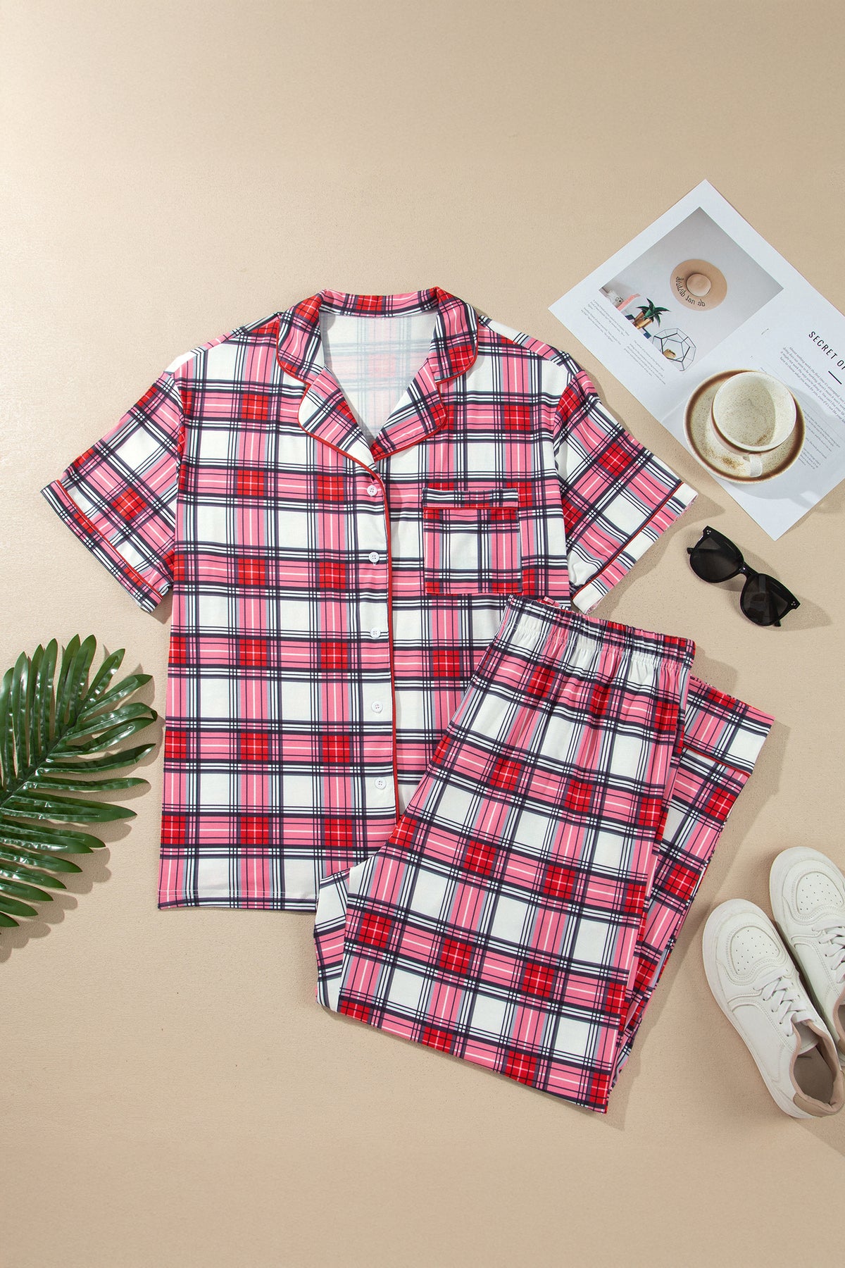 Red Plus Size Button Down Plaid Pajama 2-Piece Pant Set