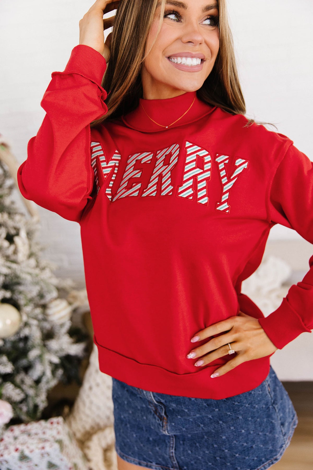 Fiery Red Embroidered Merry Slogan Stand Neck Shift Sweatshirt