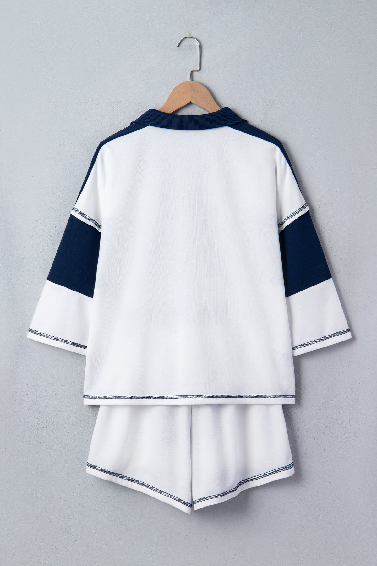 Women's Prussian Blue Exposed Seam Detail Half Sleeve Top Elastic Waist Shorts Two-Piece Set