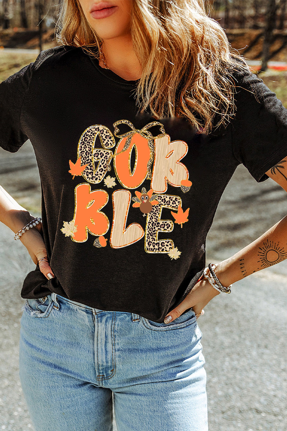 Black GOBBLE Leopard Letter Print Turkey Bow Graphic T-Shirt